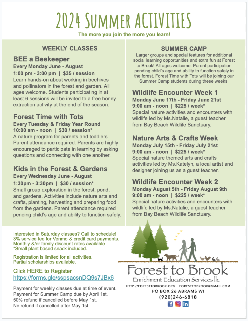this image shows our summer 2024 weekly and monthly activities.  Please call (920)246-6818 for the most up to date schedule.
